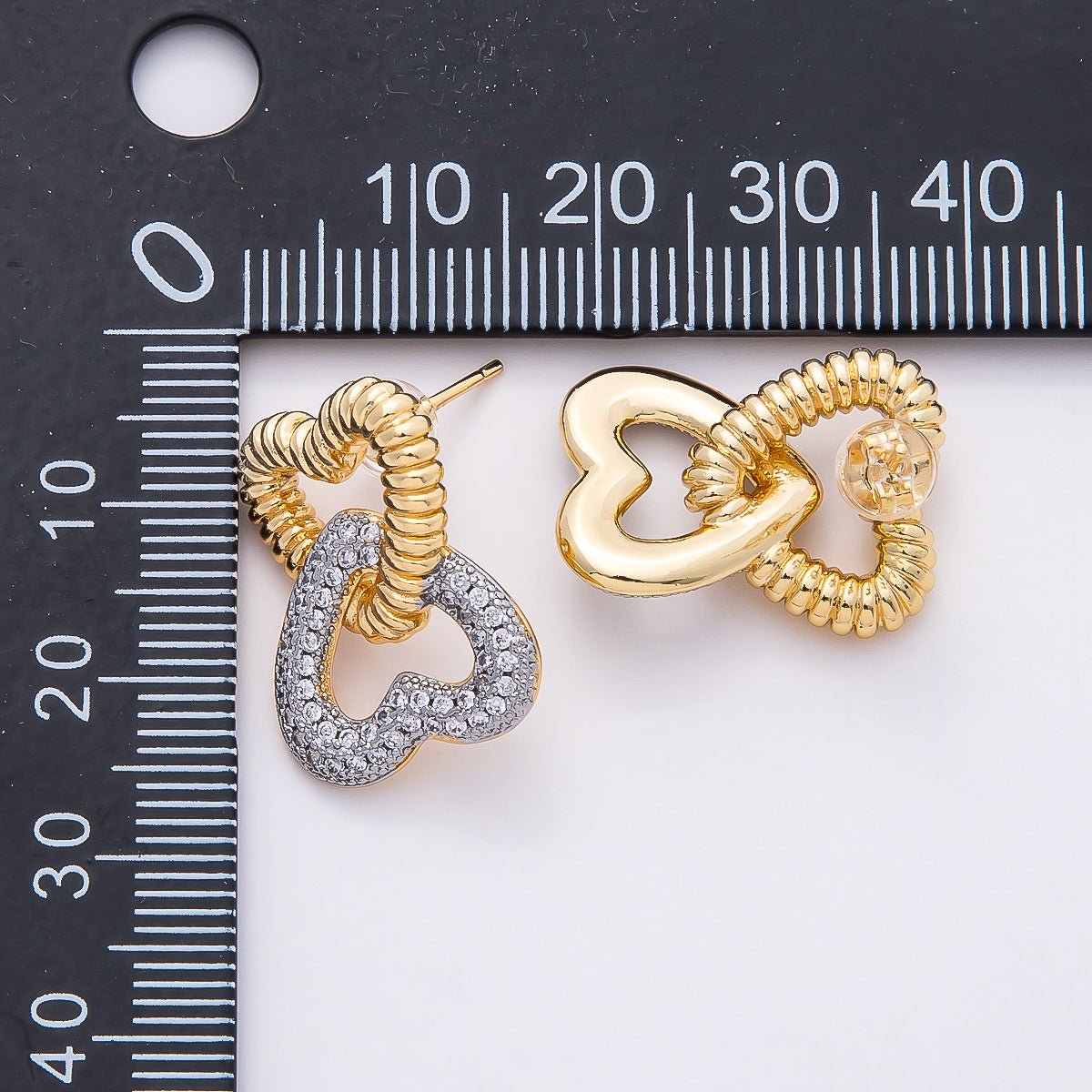 16K Gold Filled 23mm Micro Paved CZ Two Toned Double Love Heart Interlocking Drop Stud Earrings | Earrings - 00364 - DLUXCA