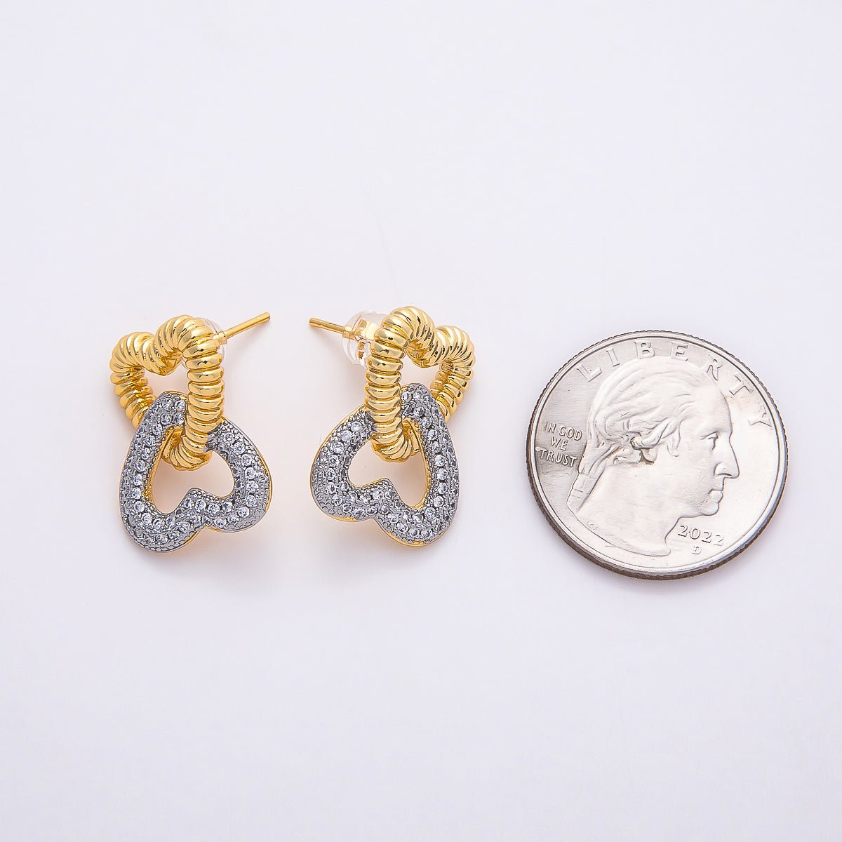 16K Gold Filled 23mm Micro Paved CZ Two Toned Double Love Heart Interlocking Drop Stud Earrings | Earrings - 00364 - DLUXCA