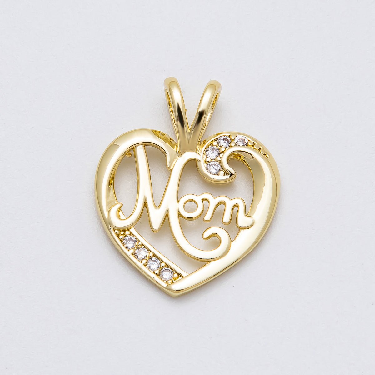 16K Gold Filled 23mm "MOM" Micro Paved CZ Heart Pendant | Charms - 00463 - DLUXCA