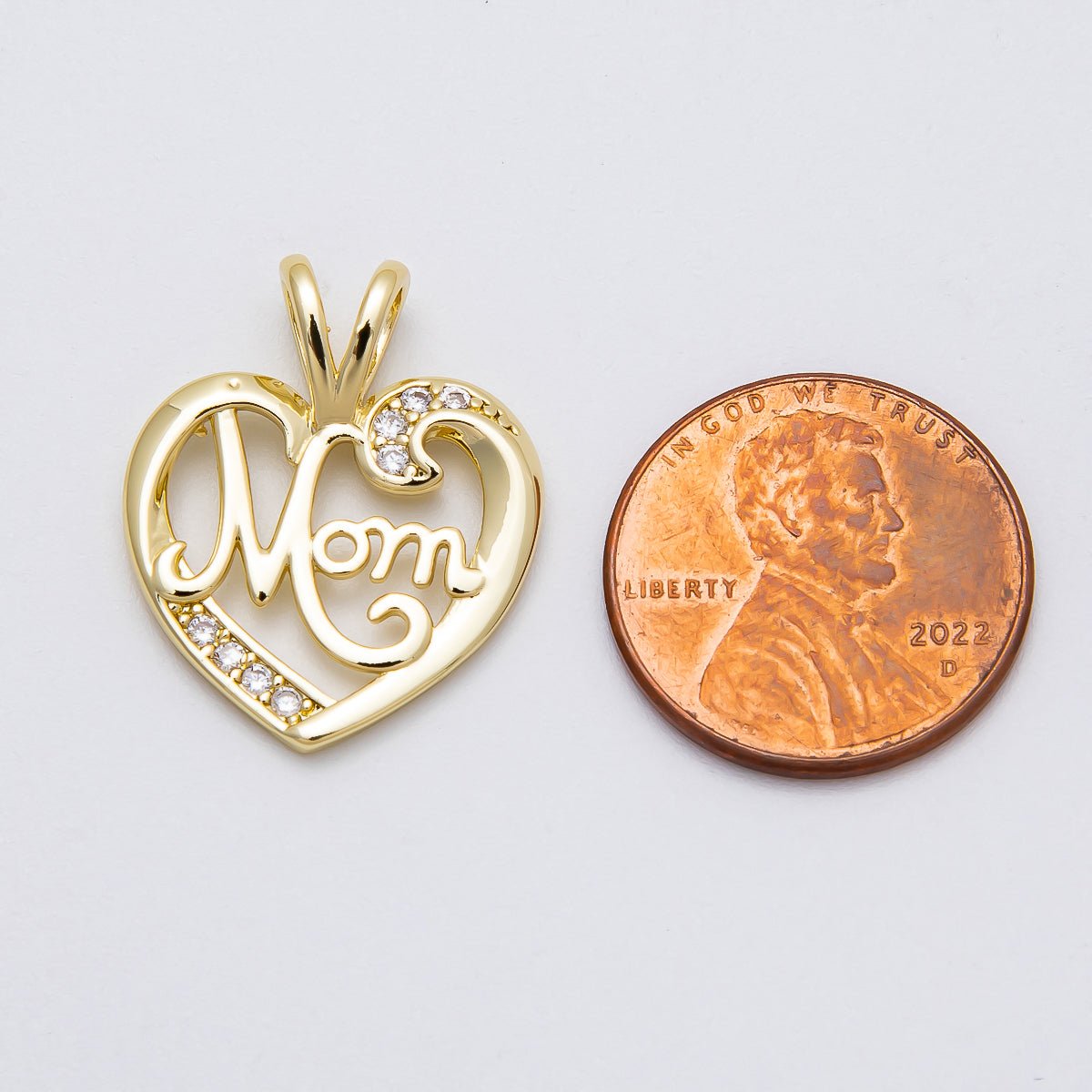 16K Gold Filled 23mm "MOM" Micro Paved CZ Heart Pendant | Charms - 00463 - DLUXCA