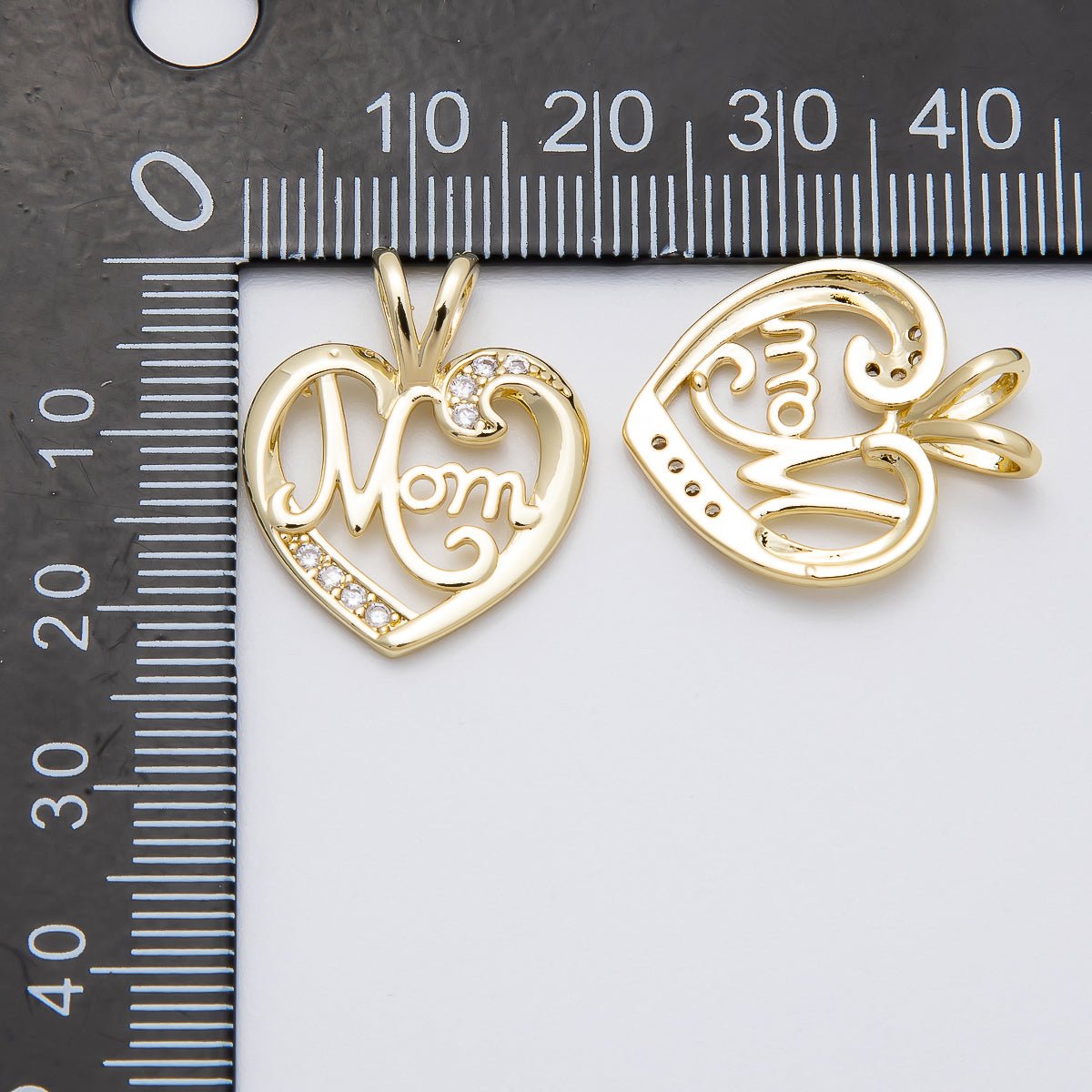 16K Gold Filled 23mm "MOM" Micro Paved CZ Heart Pendant | Charms - 00463 - DLUXCA