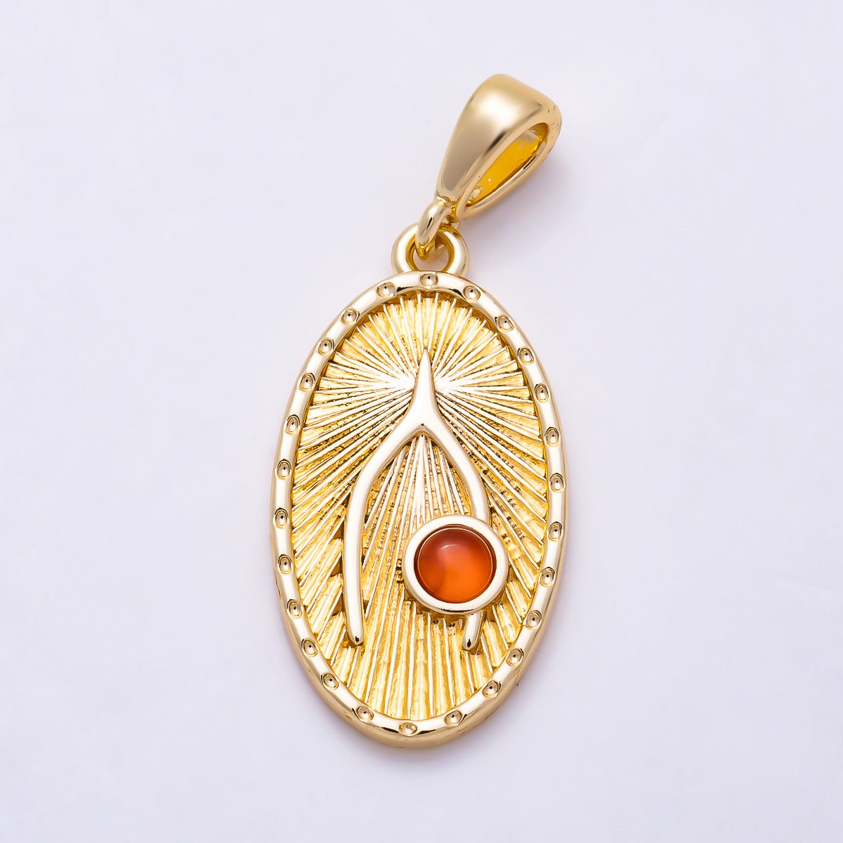 16K Gold Filled 23mm Oval Sunburst Wishbone Carnelian Orange Natural Gemstone Lucky Pendant | Charms-01986 - DLUXCA