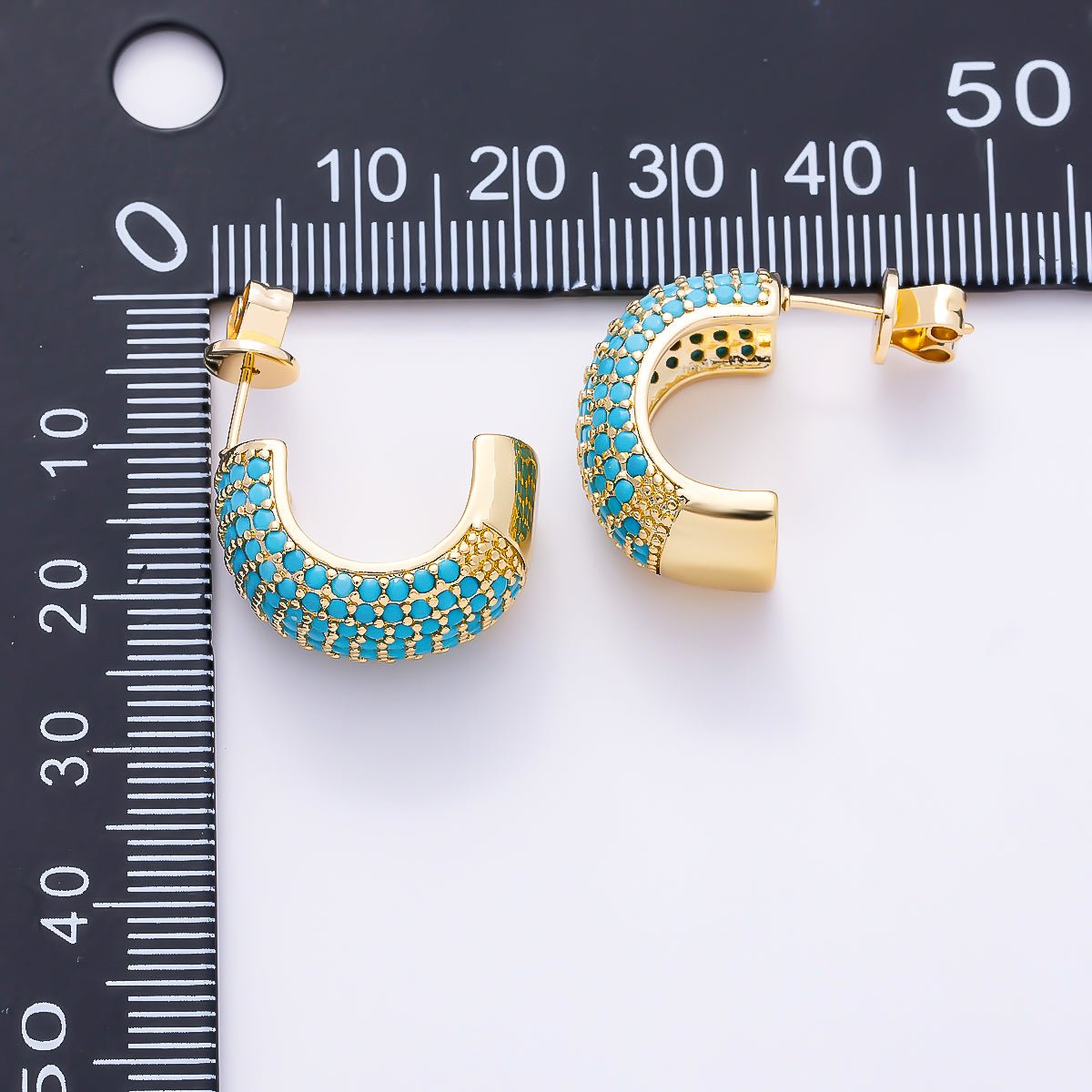 16K Gold Filled 23mm Turquoise Micro Paved CZ C-Hoops Earrings | Earrings-00836 - DLUXCA