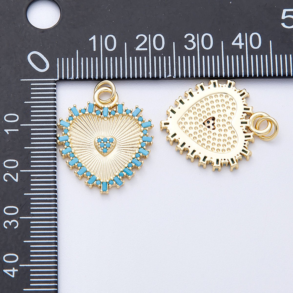 16K Gold Filled 23mm Turquoise Paved Baguette Sunburst Heart Charm | Charms - 00127 - DLUXCA