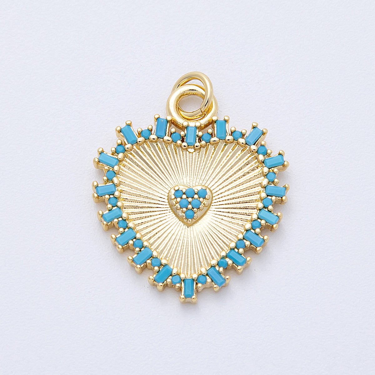 16K Gold Filled 23mm Turquoise Paved Baguette Sunburst Heart Charm | Charms - 00127 - DLUXCA