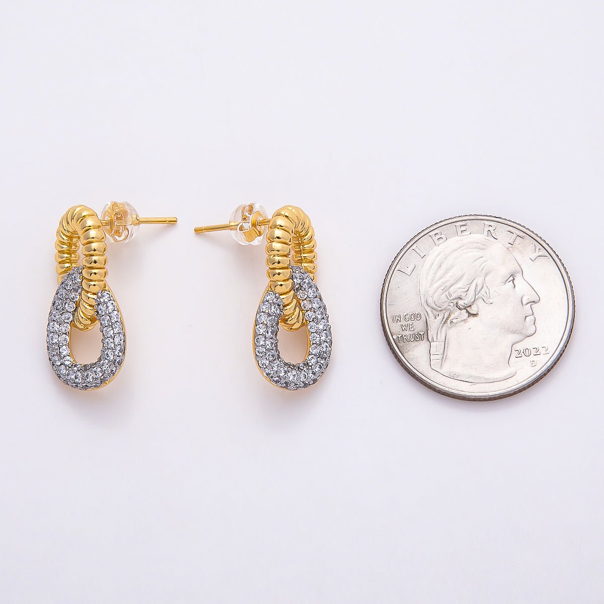 16K Gold Filled 23mm Two Toned CZ Double Row Interlocking Drop Stud Earrings | Earrings - 00363 - DLUXCA