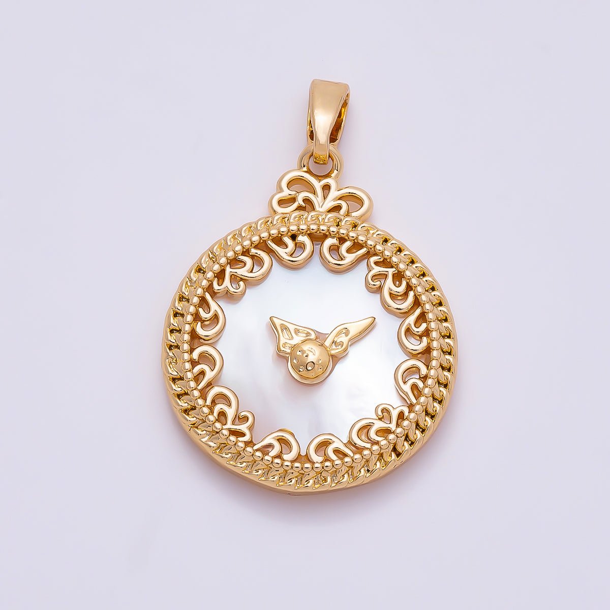16K Gold Filled 24.5mm Mother of Pearl Clock Artisan Bezel Round Pendant in Gold & Silver | Charms-01362 - DLUXCA