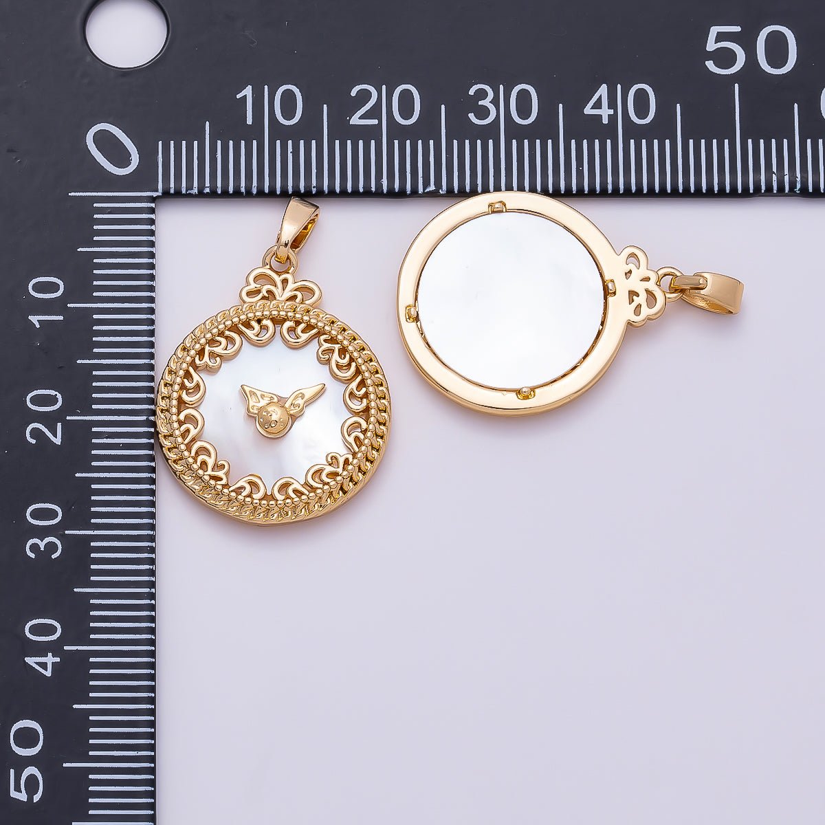 16K Gold Filled 24.5mm Mother of Pearl Clock Artisan Bezel Round Pendant in Gold & Silver | Charms-01362 - DLUXCA