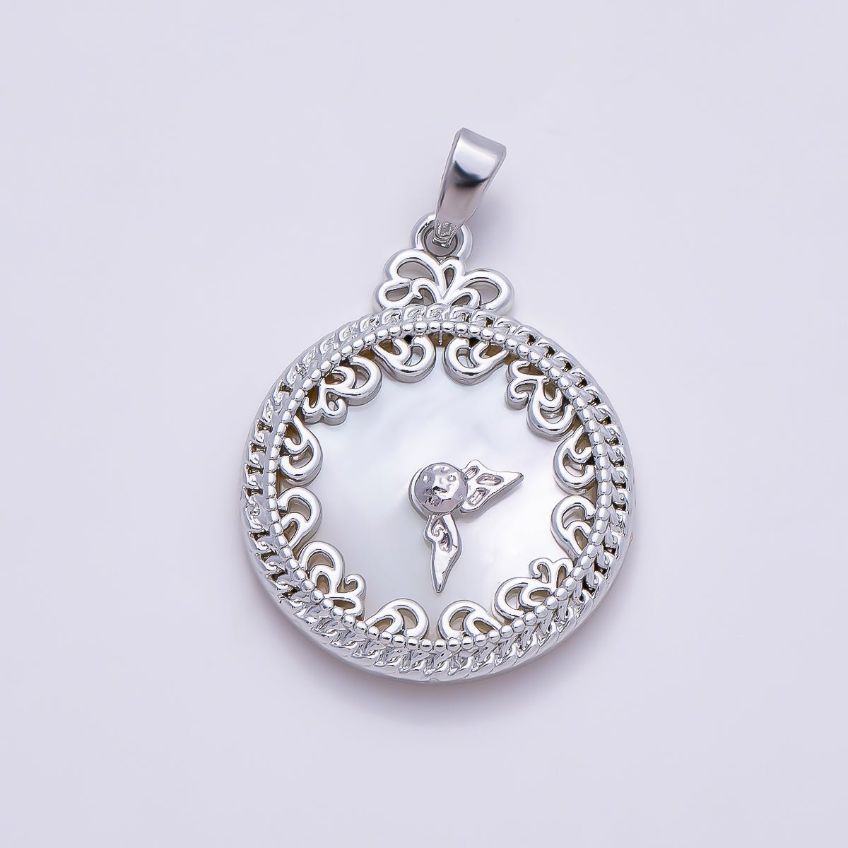 16K Gold Filled 24.5mm Mother of Pearl Clock Artisan Bezel Round Pendant in Gold & Silver | Charms-01362 - DLUXCA