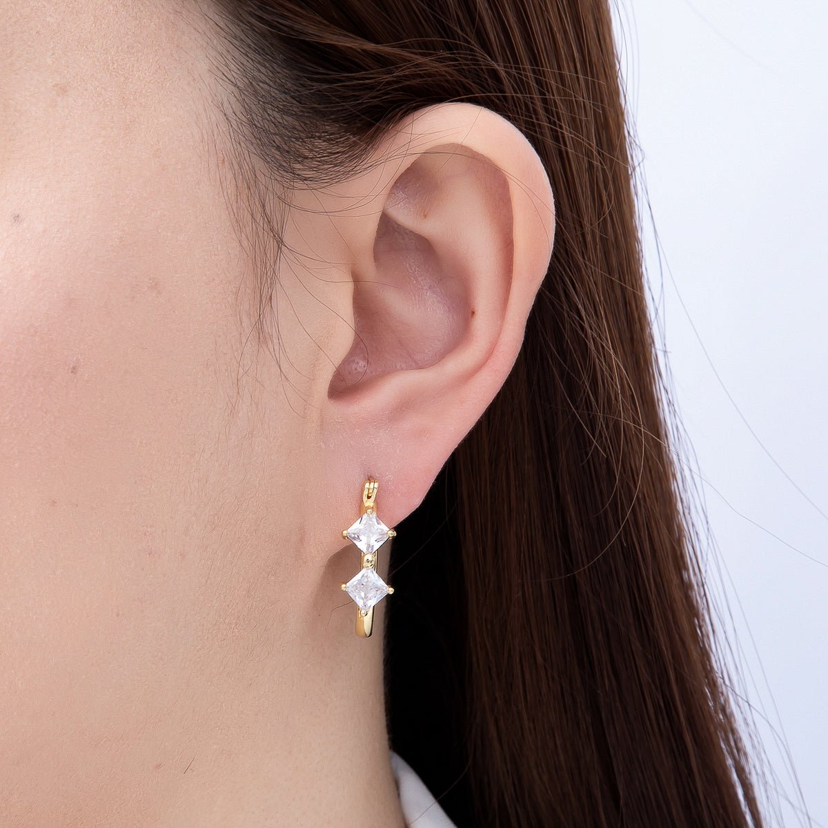 16K Gold Filled 24mm Clear Rhombus CZ Double Latch Hoop | Earrings-00709 - DLUXCA