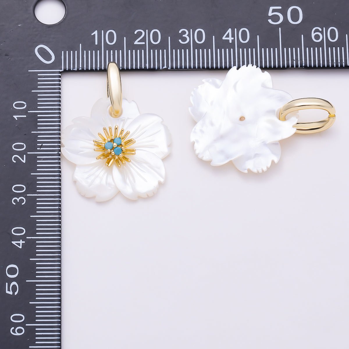16K Gold Filled 24mm Clear & Turquoise Triple CZ Carved Mother of Pearl Hibiscus Flower Pendant | Charms-01879 - Charms-01880 - DLUXCA
