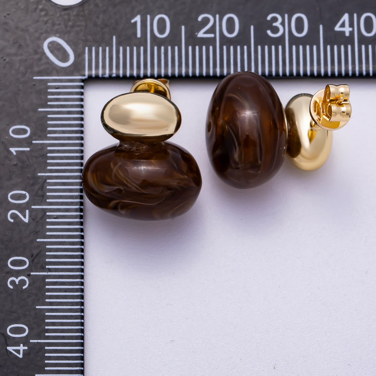 16K Gold Filled 24mm Green, Brown, White Resin Oval Drop Stud Earrings | Earrings - 00370 ~ Earrings - 00373 - DLUXCA