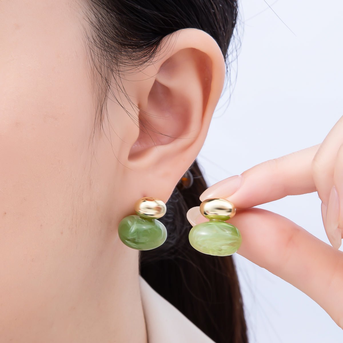 16K Gold Filled 24mm Green, Brown, White Resin Oval Drop Stud Earrings | Earrings - 00370 ~ Earrings - 00373 - DLUXCA