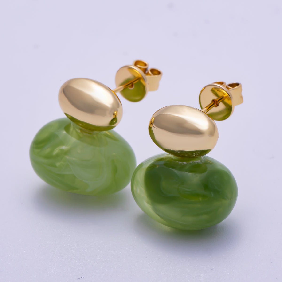 16K Gold Filled 24mm Green, Brown, White Resin Oval Drop Stud Earrings | Earrings - 00370 ~ Earrings - 00373 - DLUXCA