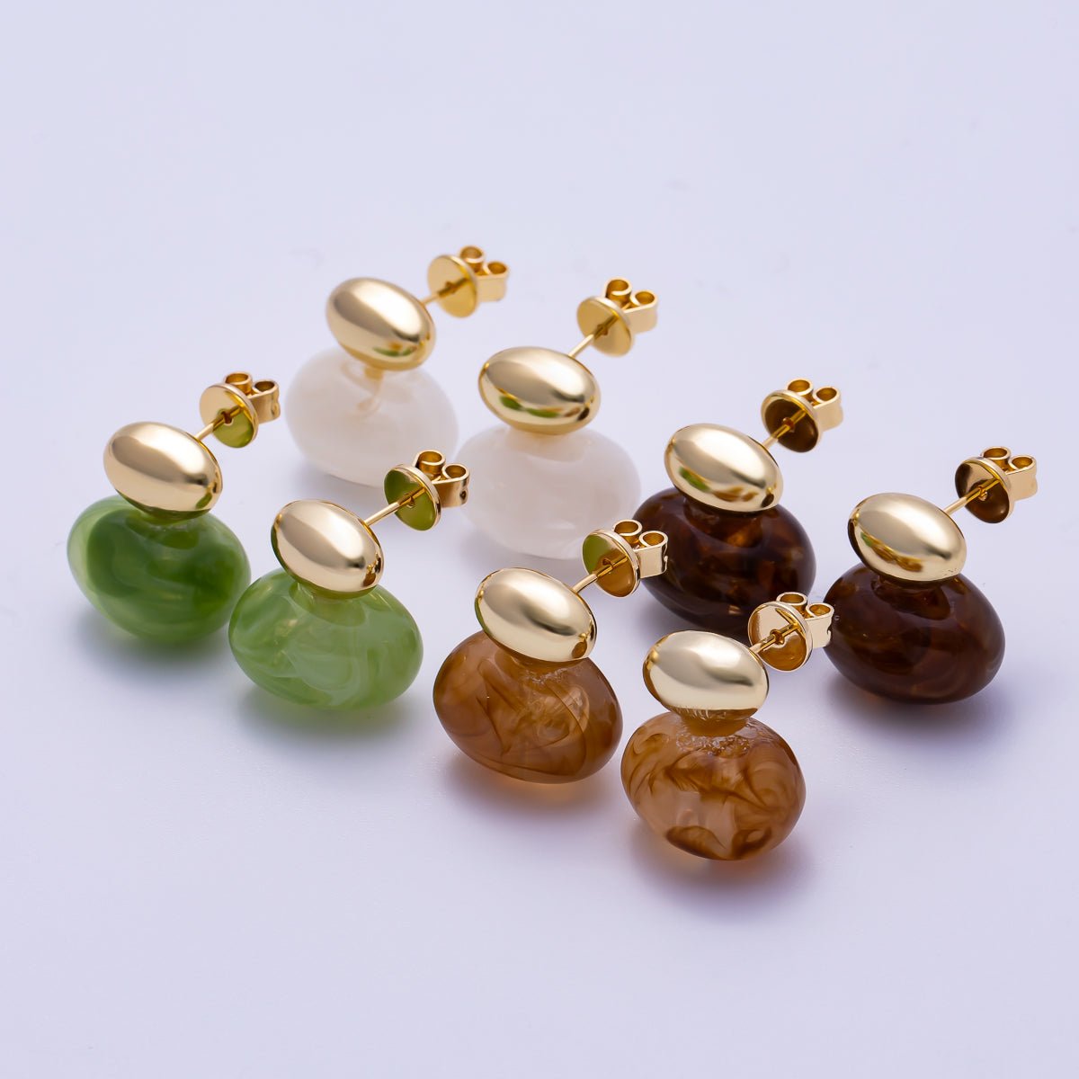 16K Gold Filled 24mm Green, Brown, White Resin Oval Drop Stud Earrings | Earrings - 00370 ~ Earrings - 00373 - DLUXCA