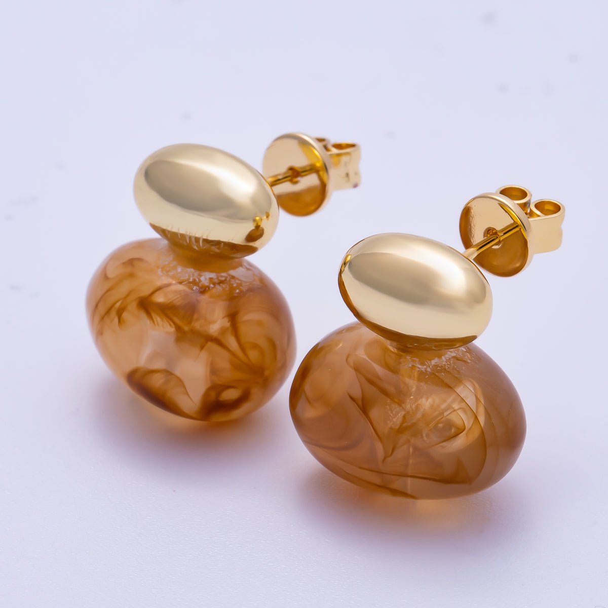 16K Gold Filled 24mm Green, Brown, White Resin Oval Drop Stud Earrings | Earrings - 00370 ~ Earrings - 00373 - DLUXCA