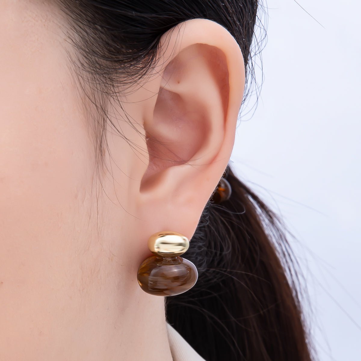 16K Gold Filled 24mm Green, Brown, White Resin Oval Drop Stud Earrings | Earrings - 00370 ~ Earrings - 00373 - DLUXCA