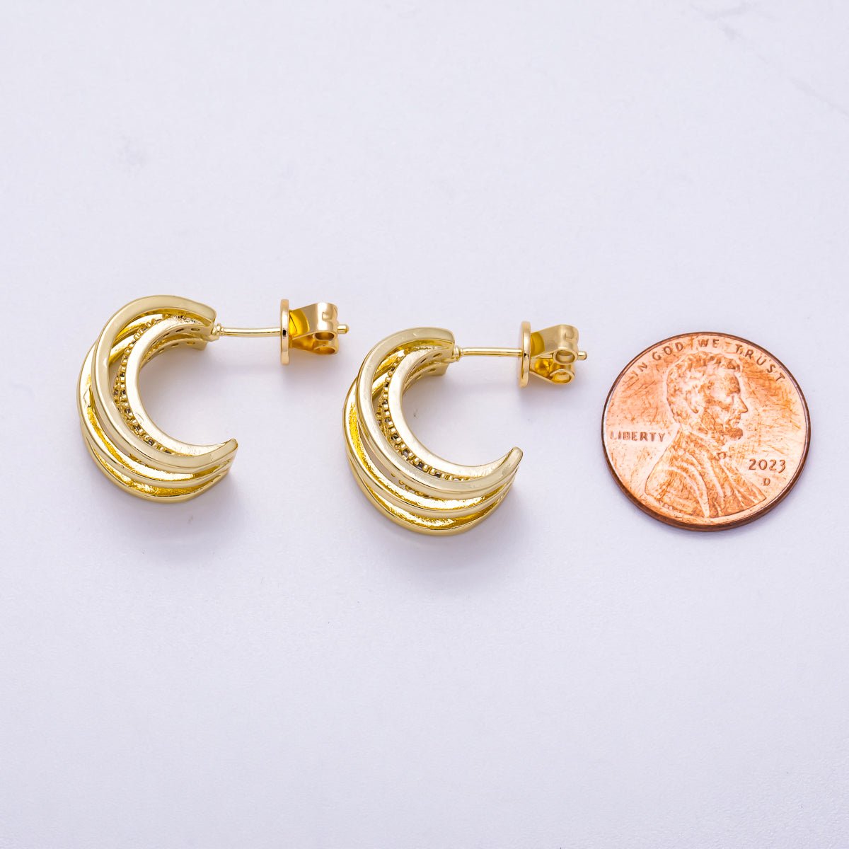 16K Gold Filled 24mm Micro Paved CZ Triple Band C - Shaped Hoop Earrings | Earrings - 00326 - DLUXCA