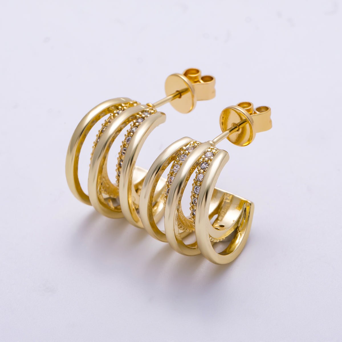 16K Gold Filled 24mm Micro Paved CZ Triple Band C - Shaped Hoop Earrings | Earrings - 00326 - DLUXCA