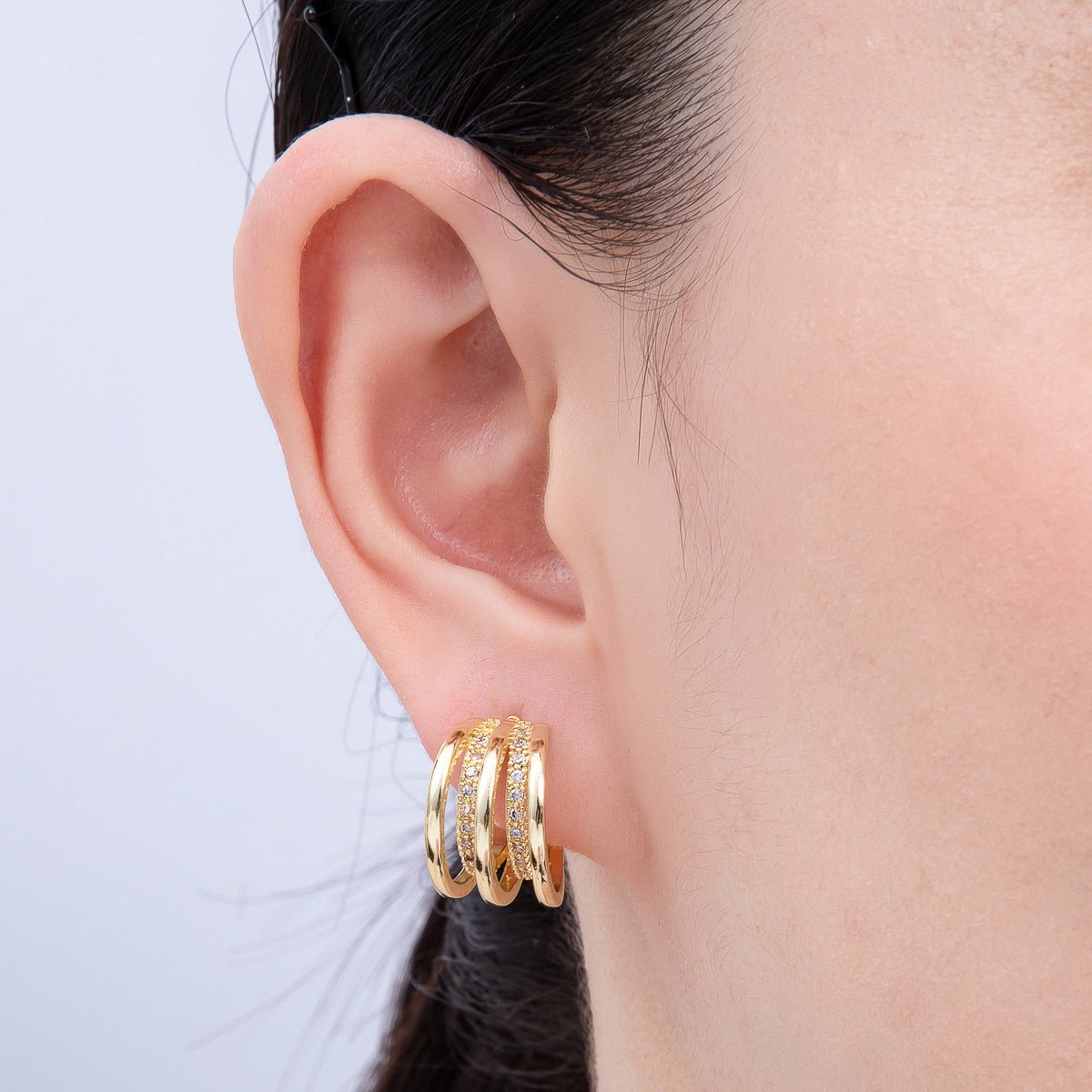 16K Gold Filled 24mm Micro Paved CZ Triple Band C - Shaped Hoop Earrings | Earrings - 00326 - DLUXCA