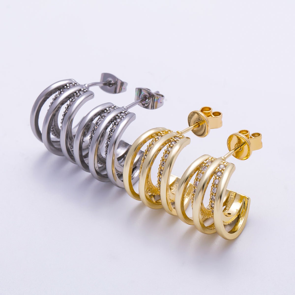 16K Gold Filled 24mm Micro Paved CZ Triple Band C - Shaped Hoop Earrings in Gold & Silver | Earrings - 00326 - Earrings - 00327 - DLUXCA