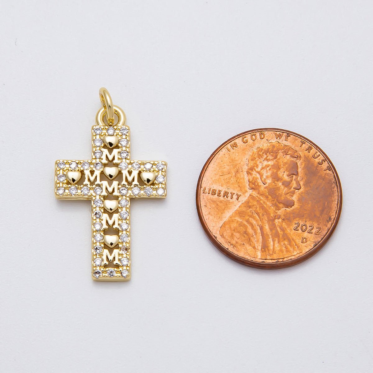 16K Gold Filled 24mm "MOM" Micro Paved CZ Religious Cross Charm | Charms - 00461 - DLUXCA