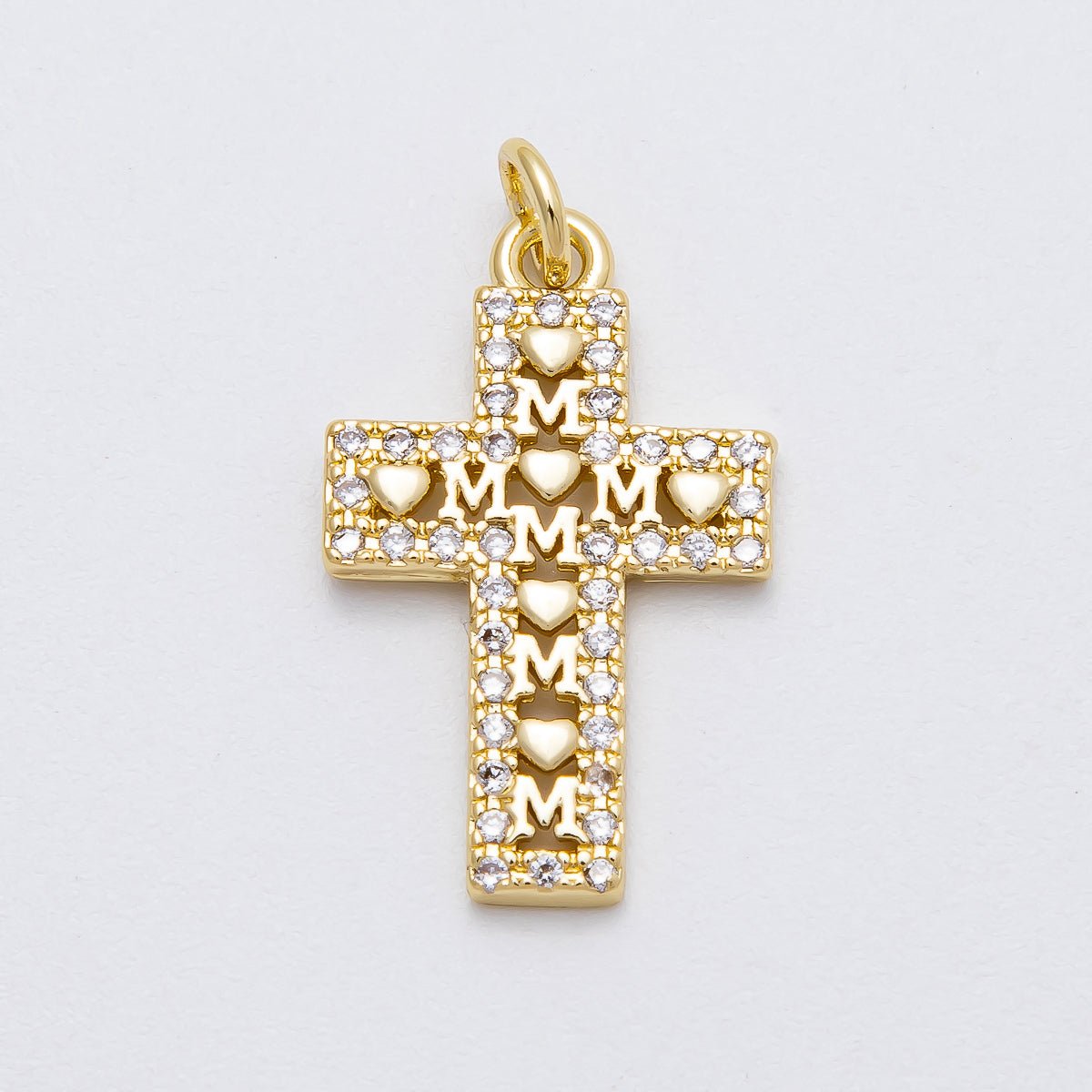 16K Gold Filled 24mm "MOM" Micro Paved CZ Religious Cross Charm | Charms - 00461 - DLUXCA