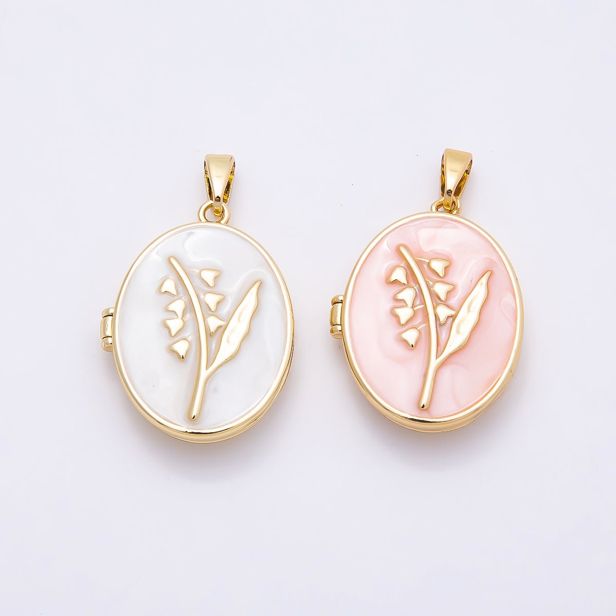 16K Gold Filled 24mm Pink, White Glitter Enamel Flower Oval Locket Pendant | Charms-01031 Charms-01032 - DLUXCA