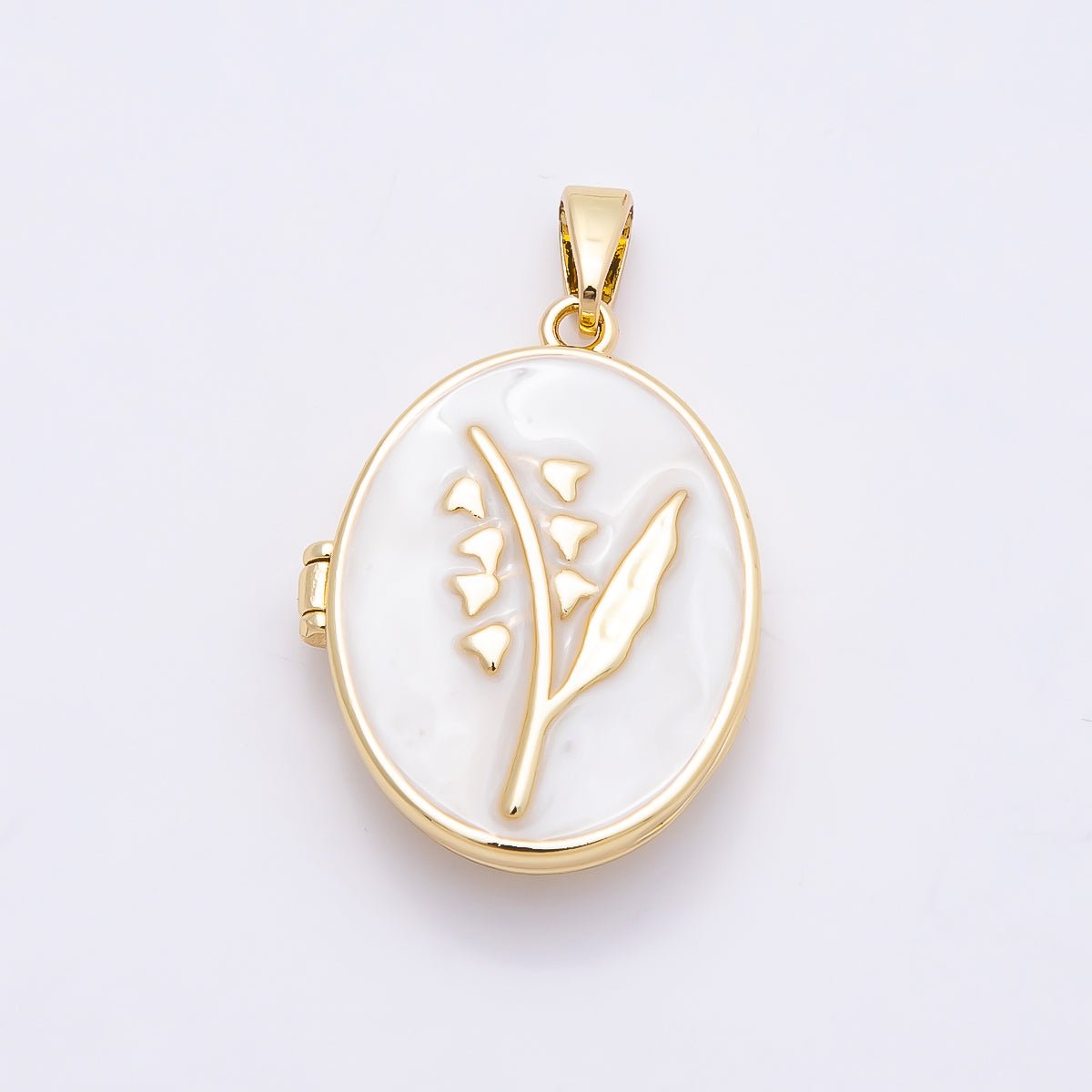 16K Gold Filled 24mm Pink, White Glitter Enamel Flower Oval Locket Pendant | Charms-01031 Charms-01032 - DLUXCA