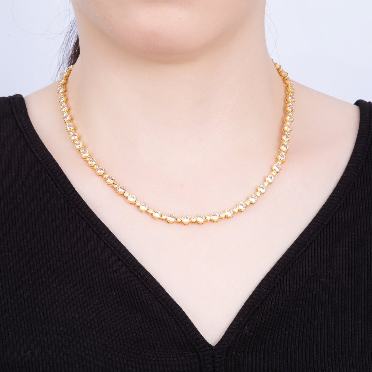 16K Gold Filled 2.5mm 5mm Clear Round Bezel Tennis Chain 16.5 Inch Adjustable Necklace | WA - 04269 - DLUXCA