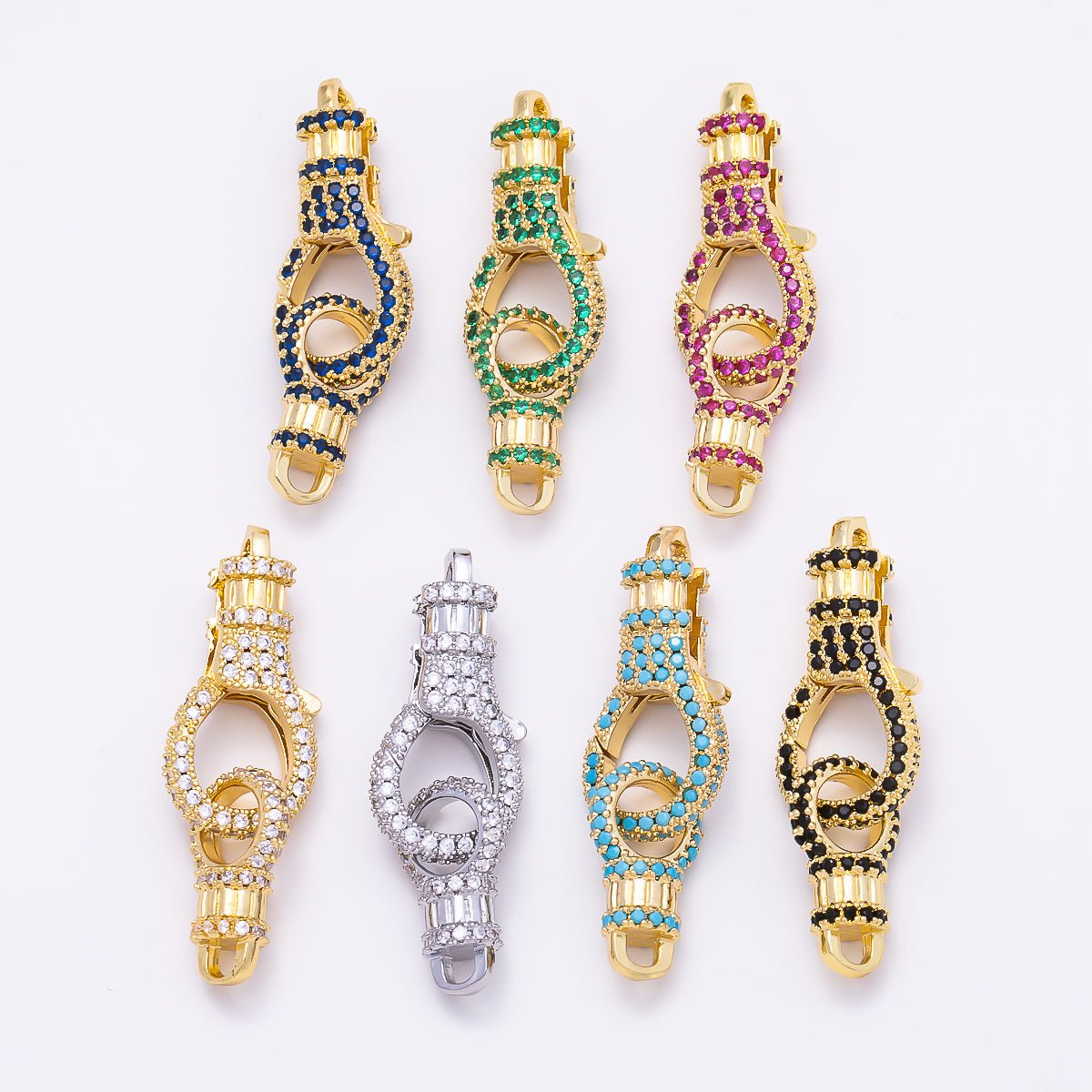16K Gold Filled 25mm Colorful Micro Paved CZ Spring Lock Push Gate Clasp | Findings-00559 - Findings-00565 - DLUXCA