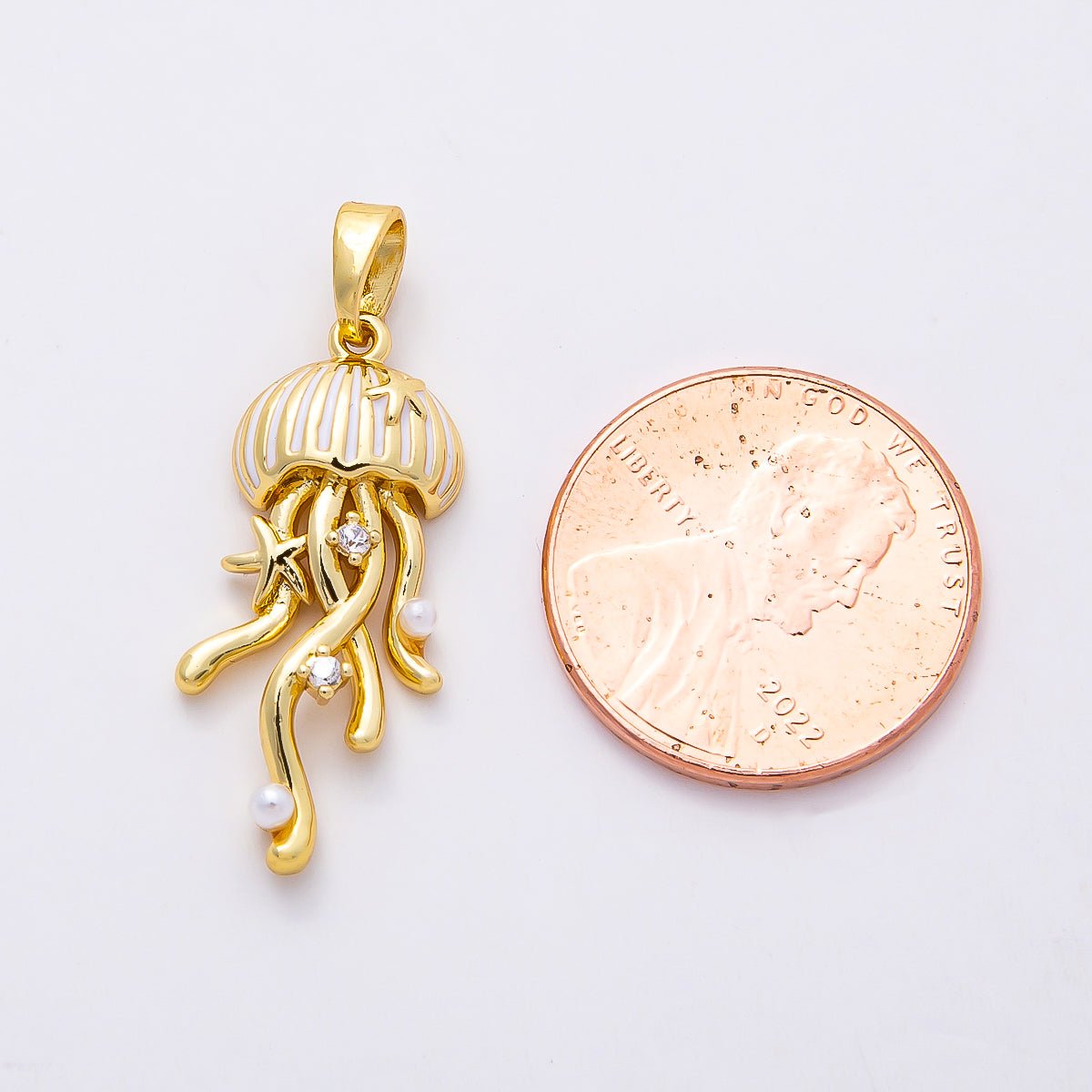 16K Gold Filled 25mm CZ White Enamel Shell Pearl Jellyfish Animal Charm | Charms - 00845 - DLUXCA