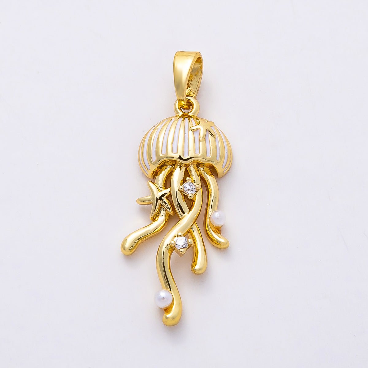 16K Gold Filled 25mm CZ White Enamel Shell Pearl Jellyfish Animal Charm | Charms - 00845 - DLUXCA