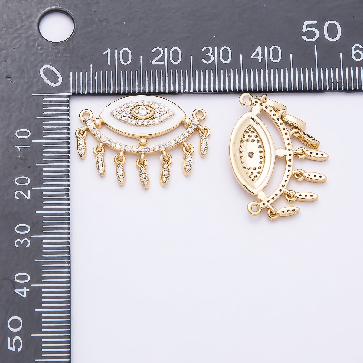 16K Gold Filled 25mm Micro Paved CZ Shell Pearl Evil Eye Curved Connector | Connectors - 00020 - DLUXCA