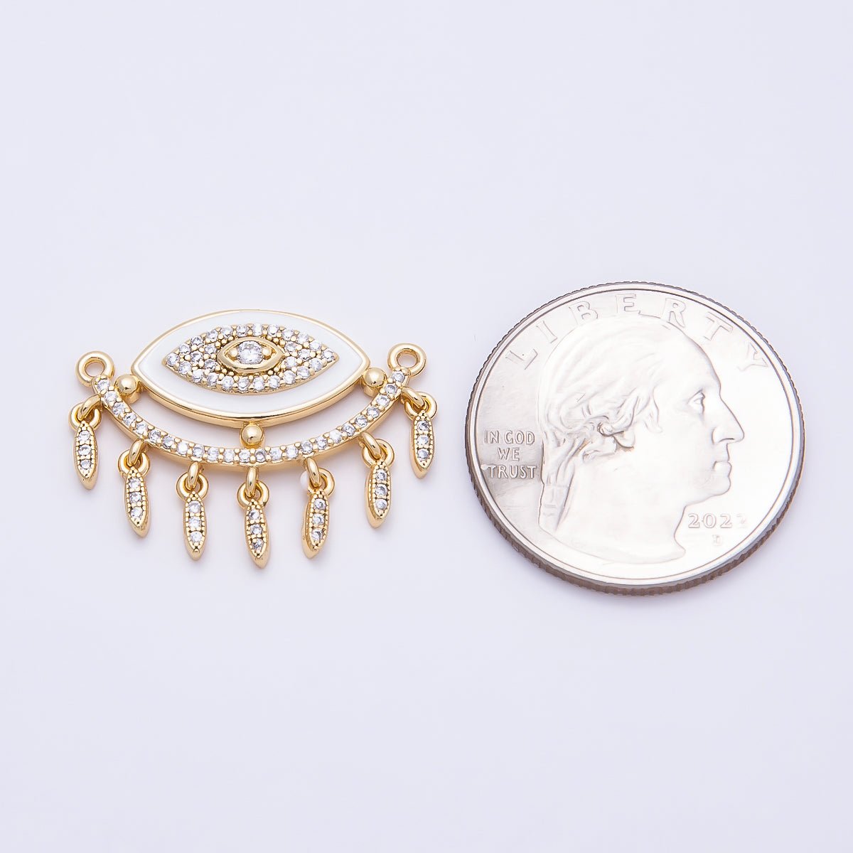 16K Gold Filled 25mm Micro Paved CZ Shell Pearl Evil Eye Curved Connector | Connectors - 00020 - DLUXCA