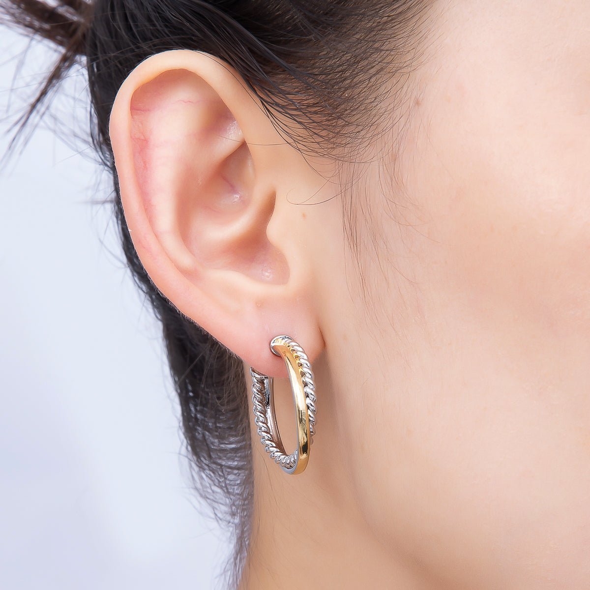16K Gold Filled 25mm Mixed Metal Croissant Double C-Shaped Hoop in Silver & Gold | Earrings-00670 - DLUXCA