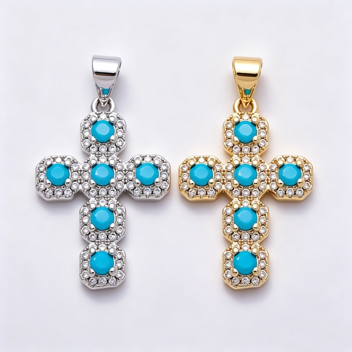 16K Gold Filled 25mm Round Turquoise Micro Paved CZ Statement Cross Religious Pendant | Charms-01662 - Charms-01663 - DLUXCA