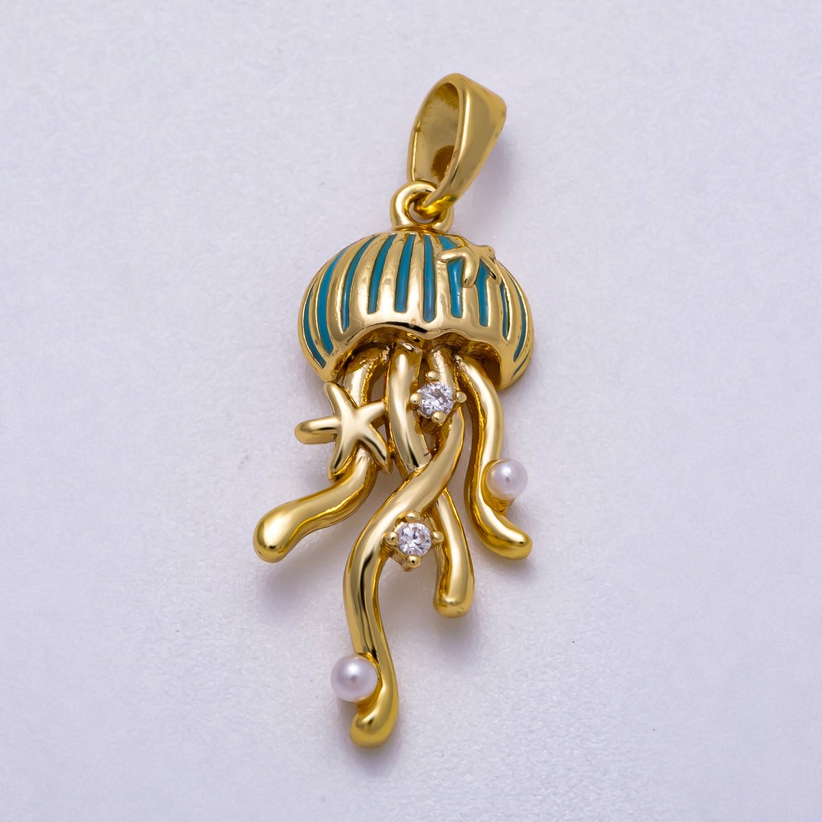 16K Gold Filled 25mm Shell Pearl Clear CZ Jellyfish Animal Charm | Charms - 00596 - DLUXCA