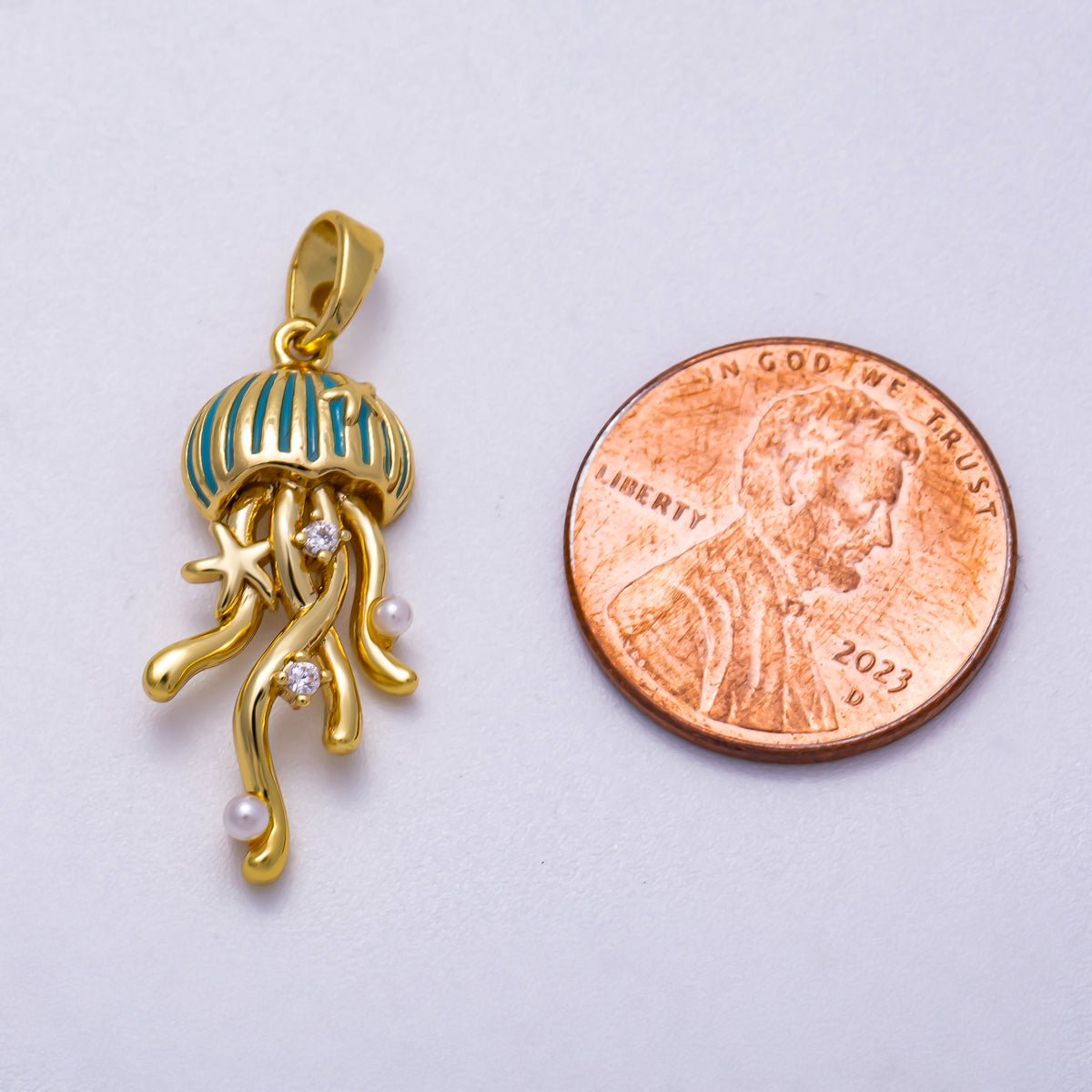 16K Gold Filled 25mm Shell Pearl Clear CZ Jellyfish Animal Charm | Charms - 00596 - DLUXCA