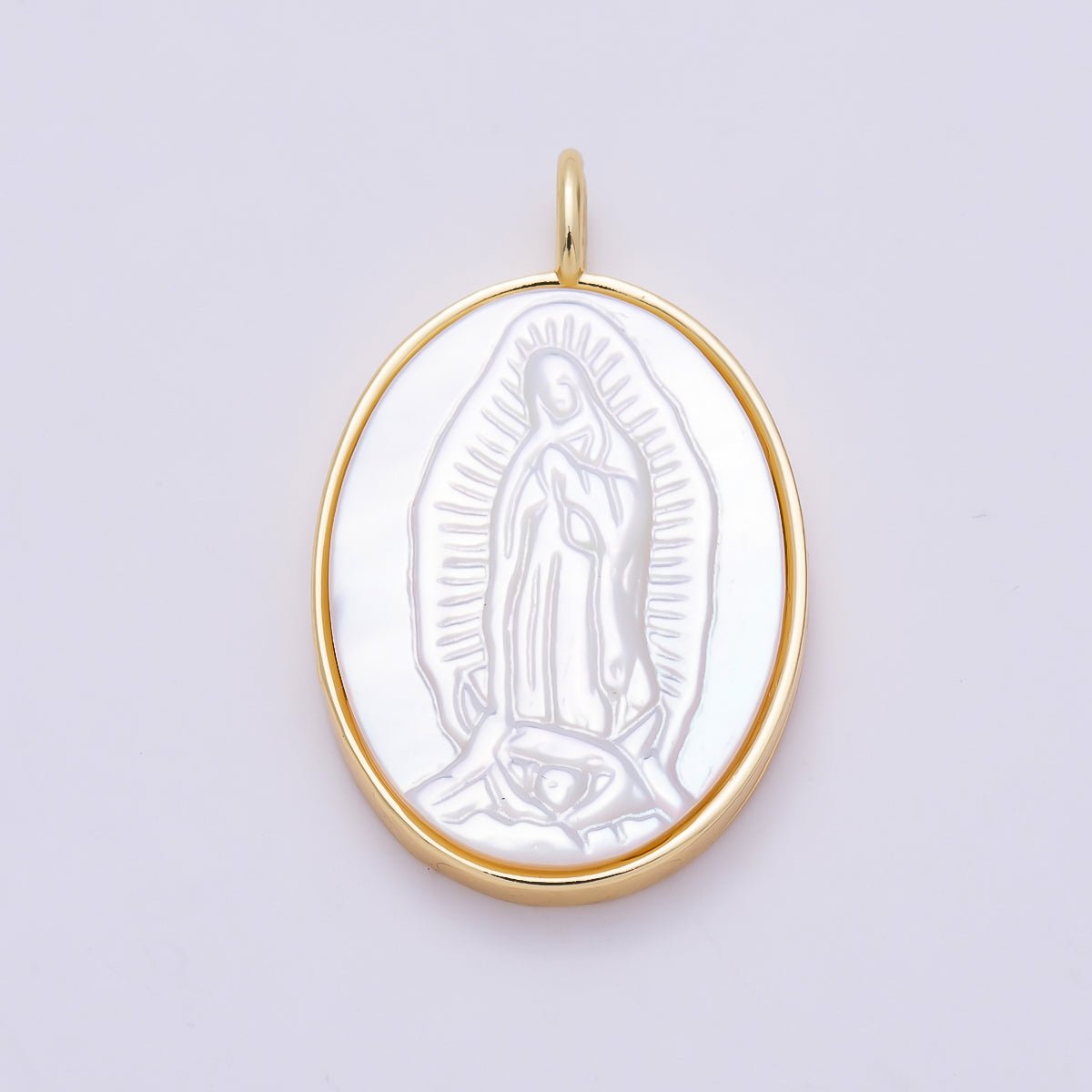 16K Gold Filled 26.5mm White Shell Pearl Lady Guadalupe Mary Oval Charm | Charms-01481 - DLUXCA