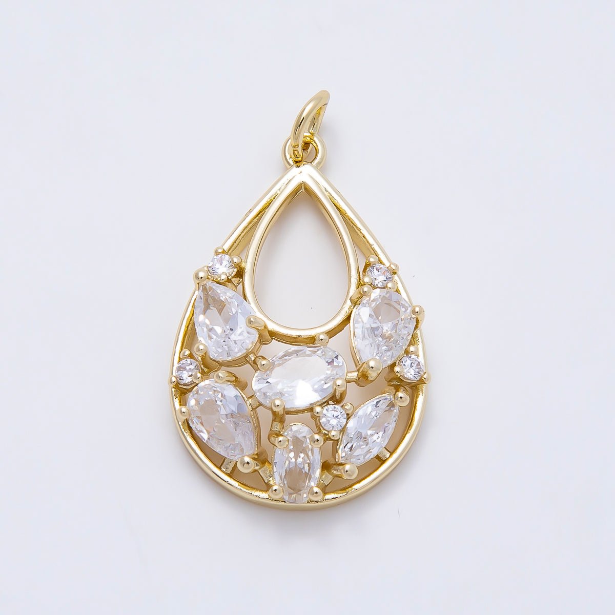 16K Gold Filled 26mm Clear CZ Cluster Teardrop Open Charm | Charms-01601 - DLUXCA