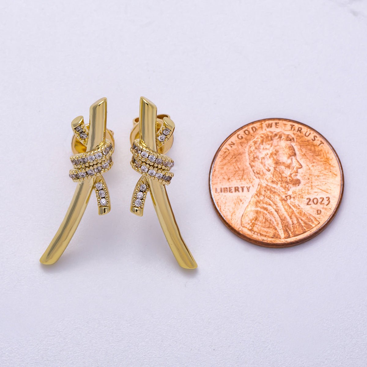 16K Gold Filled 26mm Micro Paved CZ Knot Stud Earrings in Gold & Silver | Earrings - 00333 Earrings - 00334 - DLUXCA