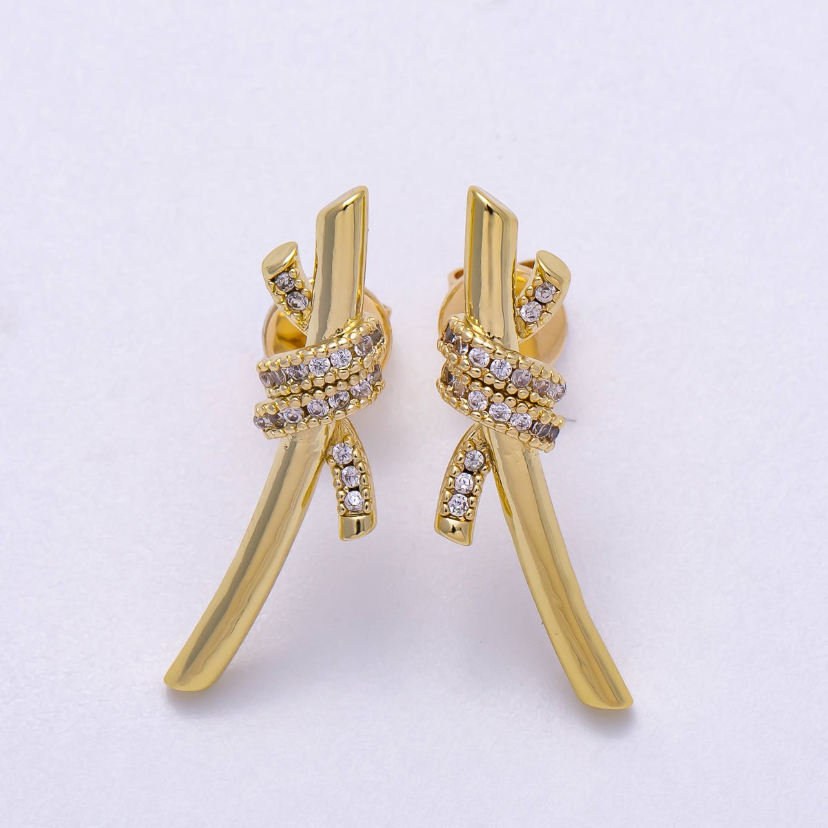 16K Gold Filled 26mm Micro Paved CZ Knot Stud Earrings in Gold & Silver | Earrings - 00333 Earrings - 00334 - DLUXCA