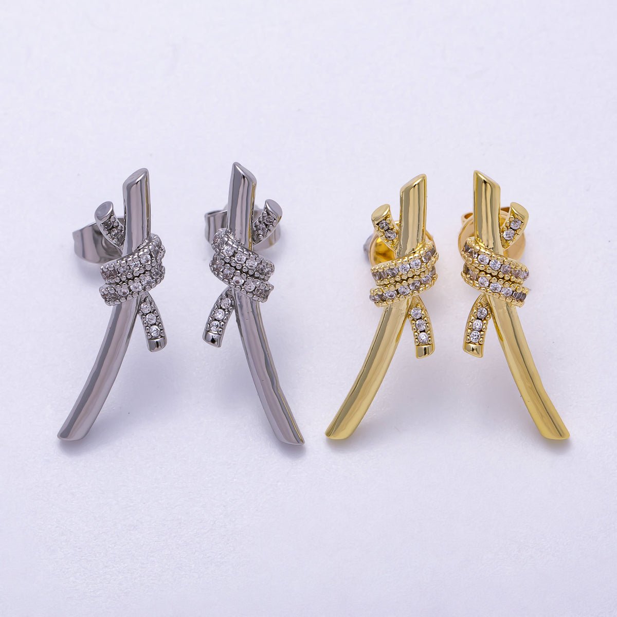 16K Gold Filled 26mm Micro Paved CZ Knot Stud Earrings in Gold & Silver | Earrings - 00333 Earrings - 00334 - DLUXCA