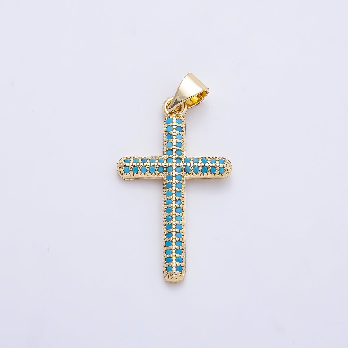 16K Gold Filled 26mm Turquoise Micro Paved Religious Cross Pendant | Charms-01251 - DLUXCA