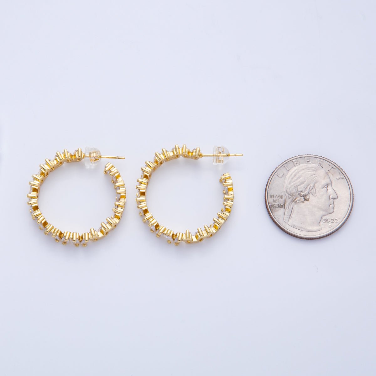 16K Gold Filled 27mm Clear Baguette CZ C - Shaped Hoop | Earrings - 00231 - DLUXCA