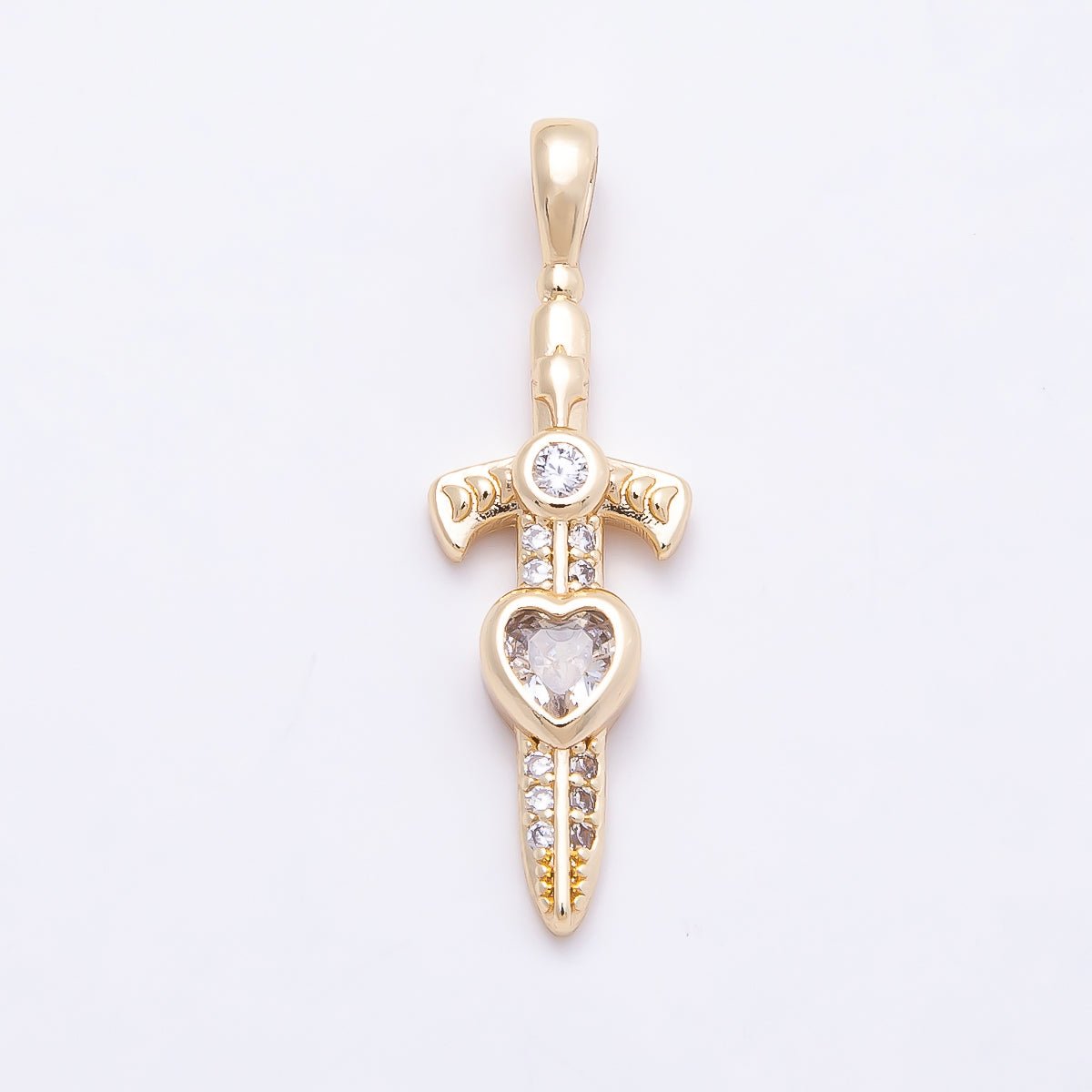 16K Gold Filled 27mm Clear Heart CZ Religious Cross Sword Pendant | Charms-01042 - DLUXCA
