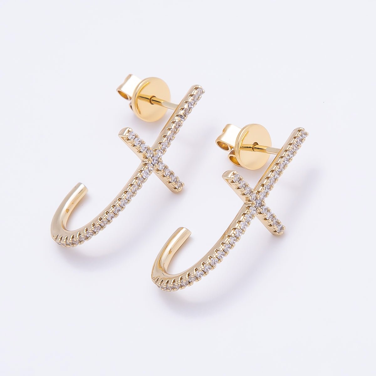 16K Gold Filled 27mm Clear T J-Shaped Micro Paved CZ Stud Earrings | Earrings-00432 - DLUXCA
