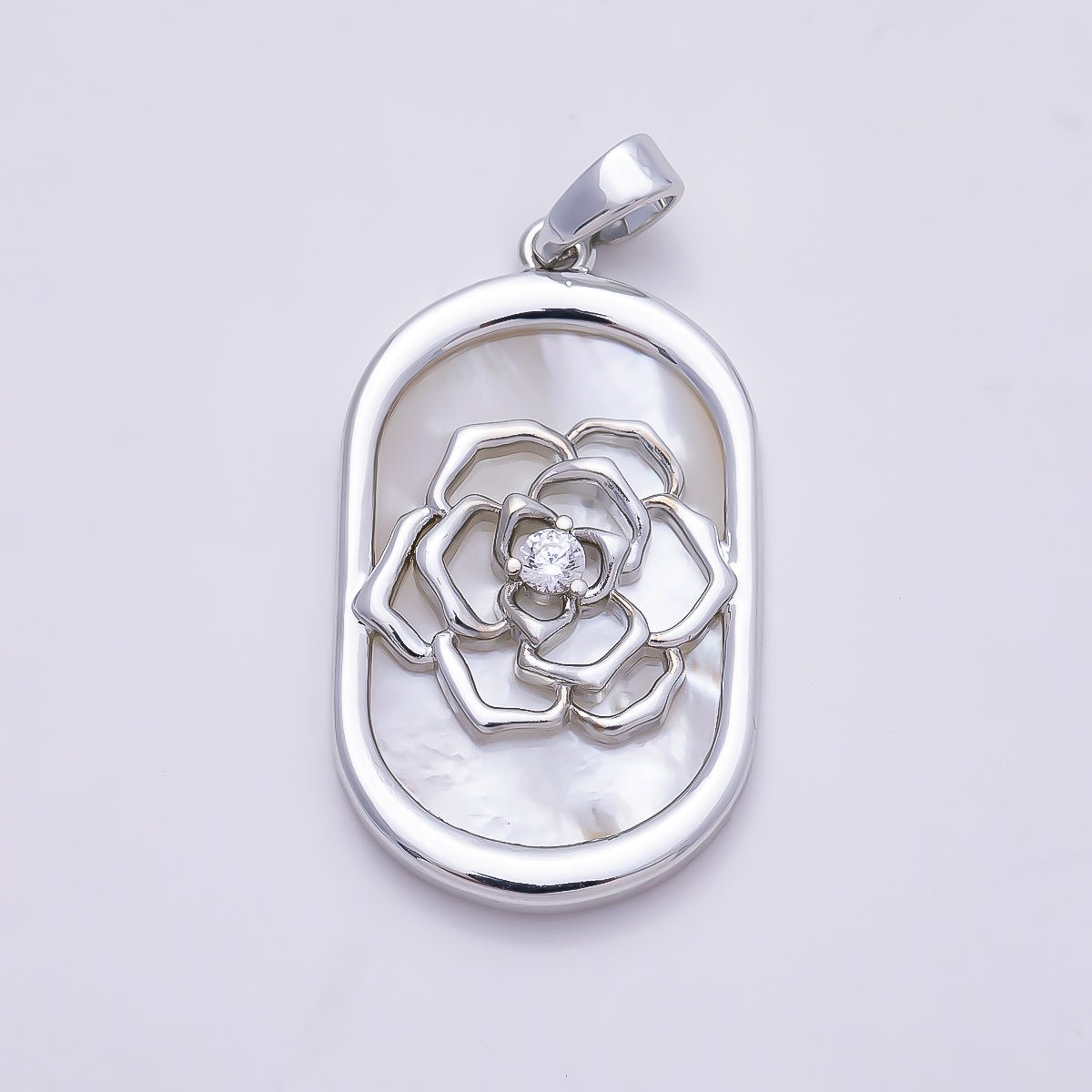 16K Gold Filled 27mm CZ Shell Pearl Rose Flower Oblong Oval Bezel Pendant | Charms-01360 - DLUXCA