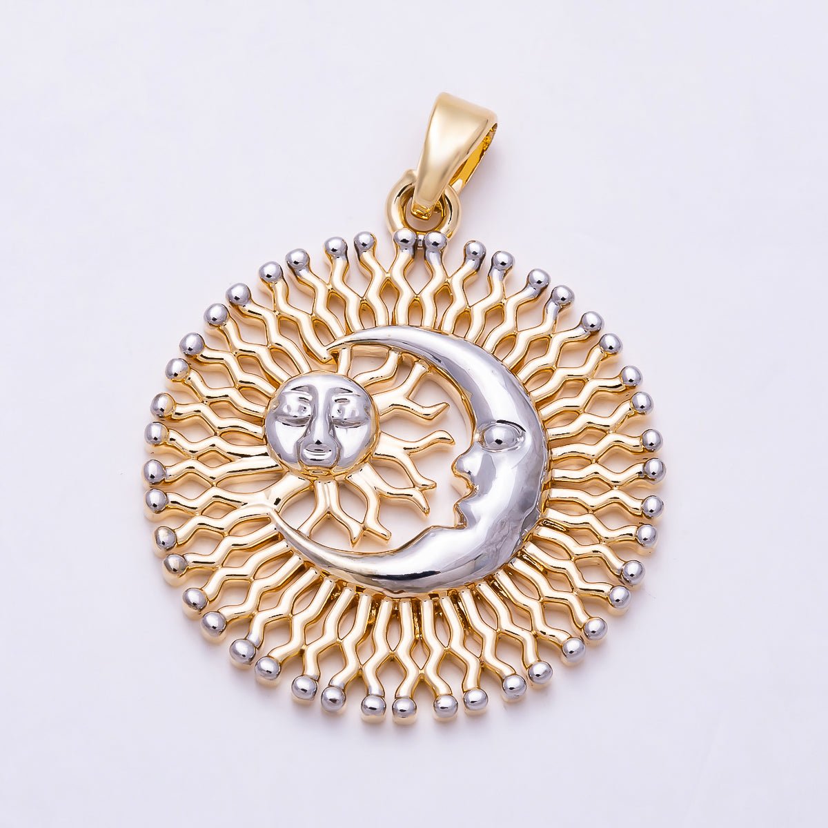 16K Gold Filled 27mm Mixed Metal Celestial Crescent Moon Sun Open Textured Round Pendant | Charms-01994 - DLUXCA